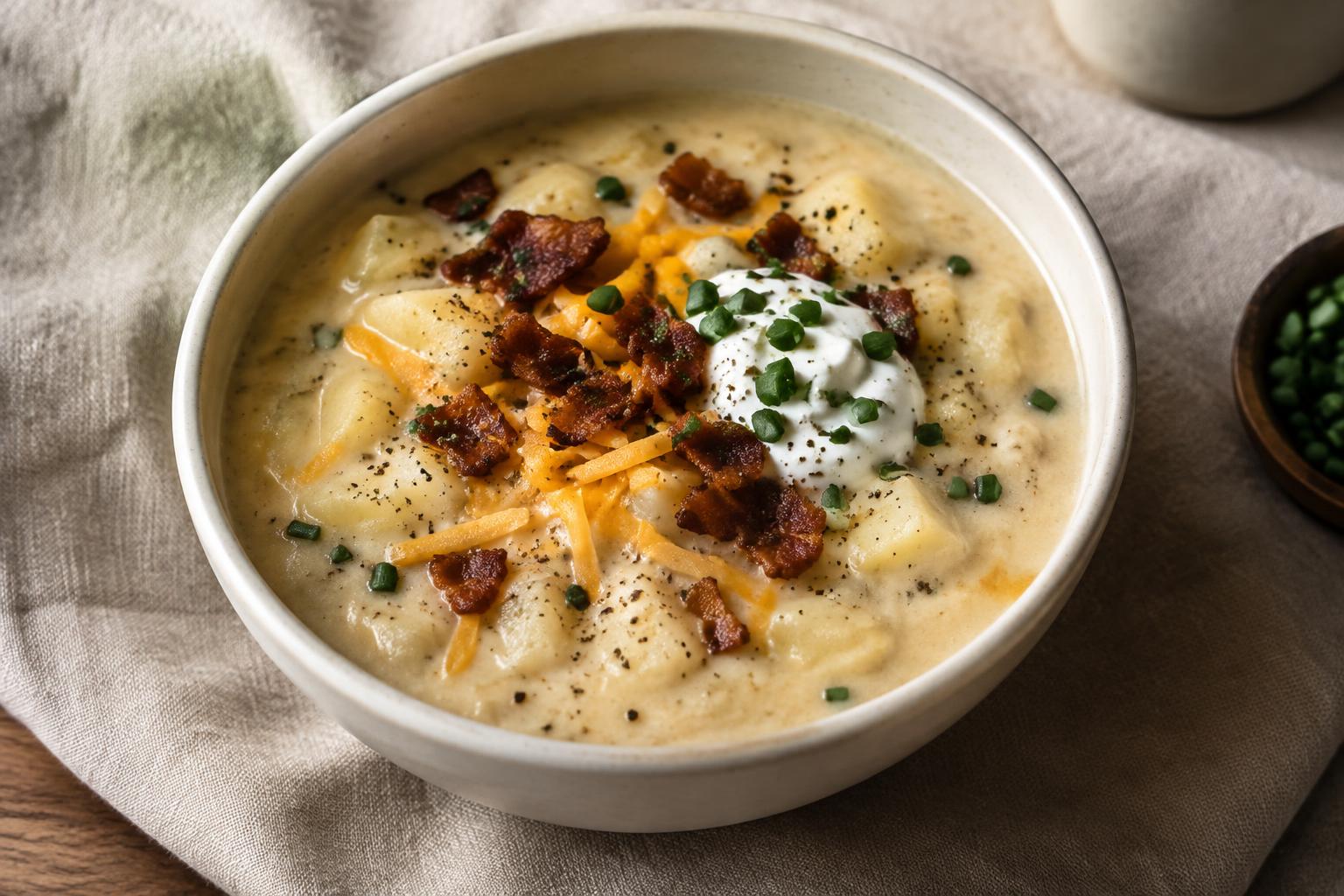 Baked potato soup topped with cheddar, bacon, chives and sour cream
