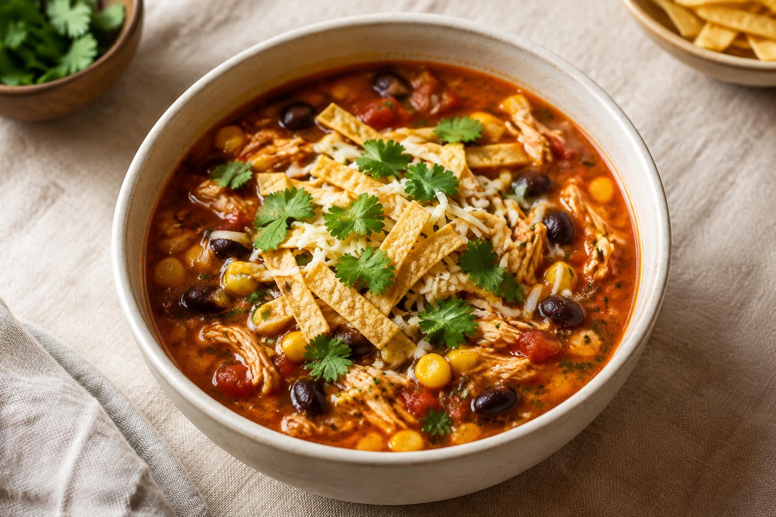 Chicken enchilada soup with black beans, corn, cheese and tortilla strips