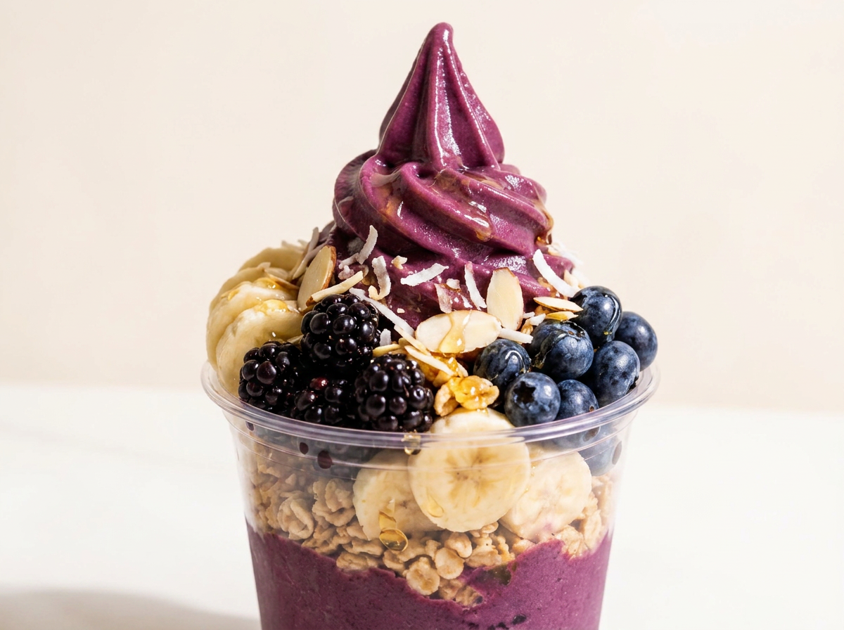 Açaí soft-serve swirl topped with granola and coconut