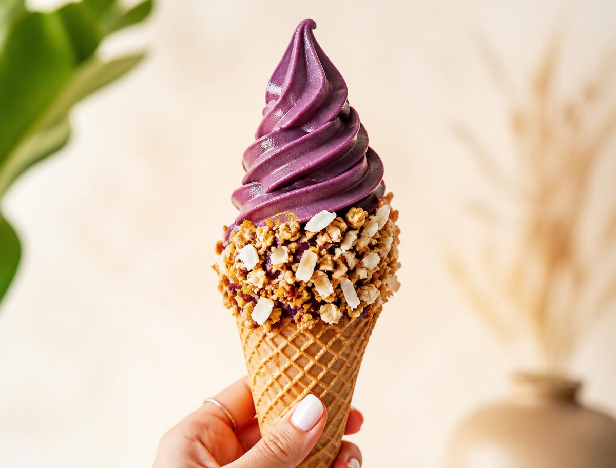 Açaí soft-serve cone dipped in granola and toasted coconut